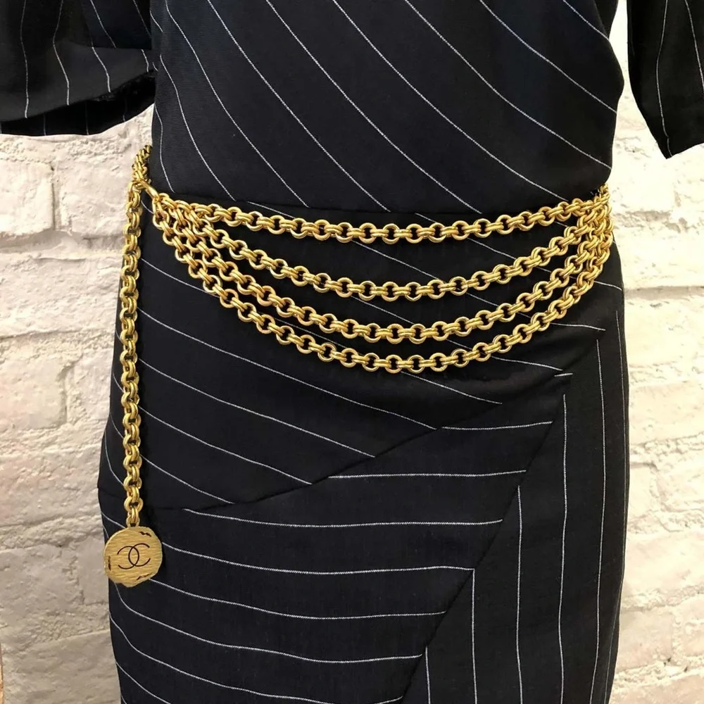 Authentic CHANEL 1994 Vintage charm medallion quadruple chain belt 90cm